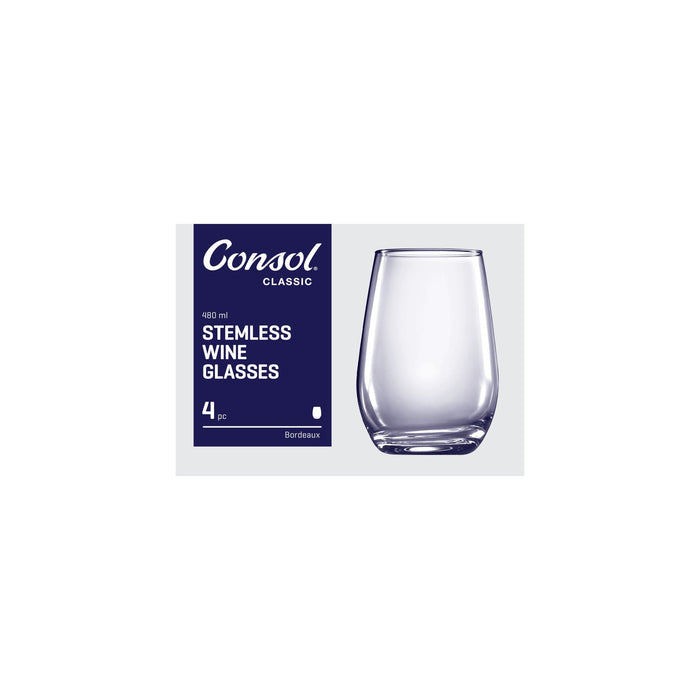 Consol Glass Bordeaux Wine Stemless 480ml 4 Pack