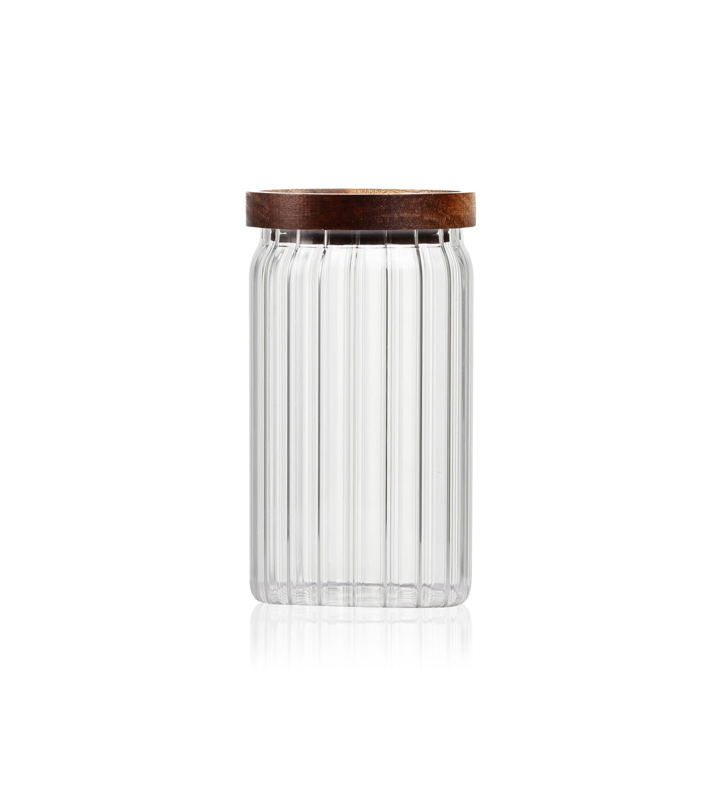 Consol Glass Round Ribbed Canister 800ml With Acacia Lid