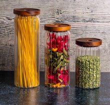 Load image into Gallery viewer, Consol Glass Round Ribbed Canister 800ml With Acacia Lid
