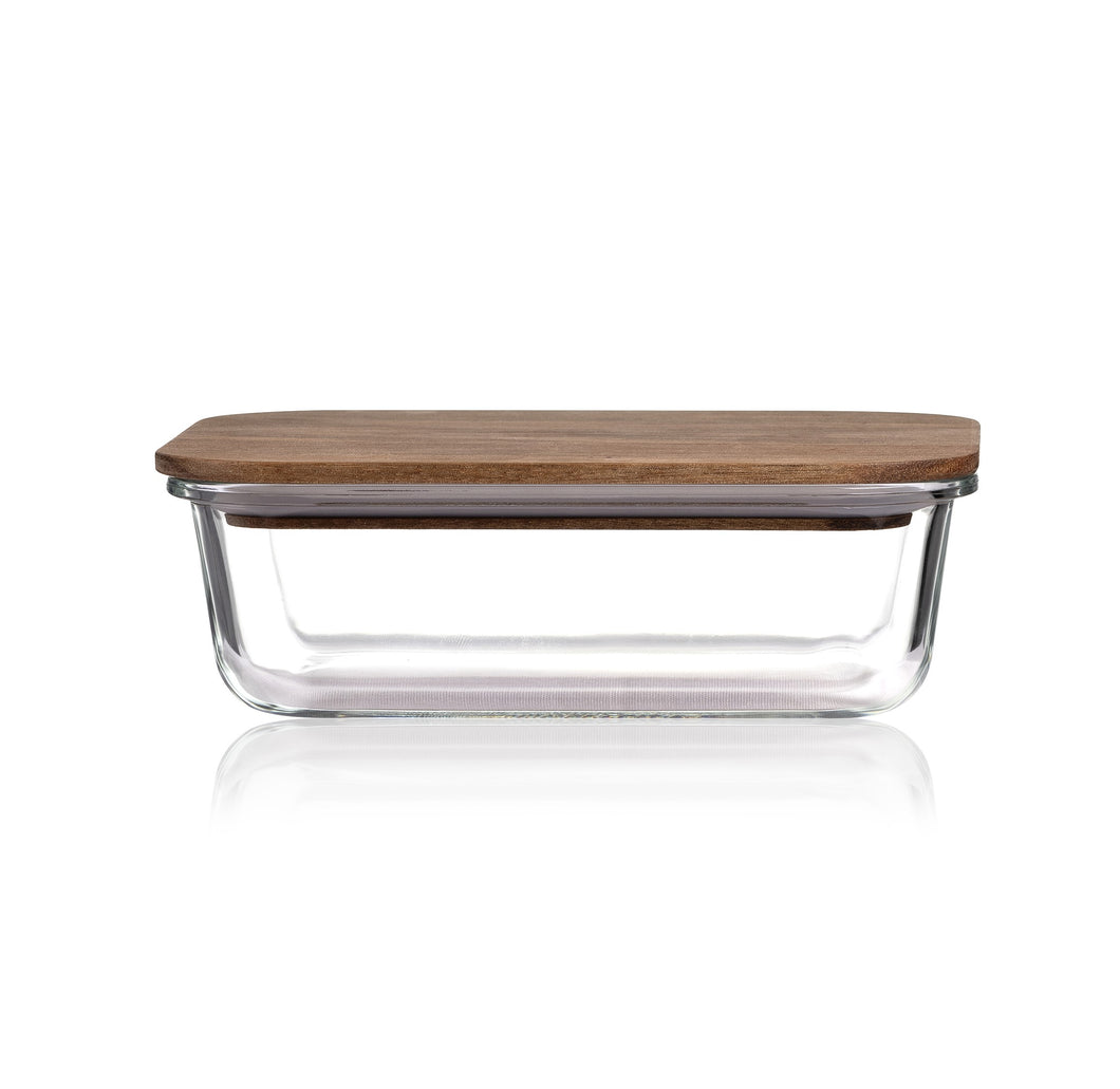 Consol Glass Valencia Rectangular Container 1000ml (1L) With Acacia Lid